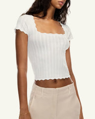 White Square Neck Textured Tee