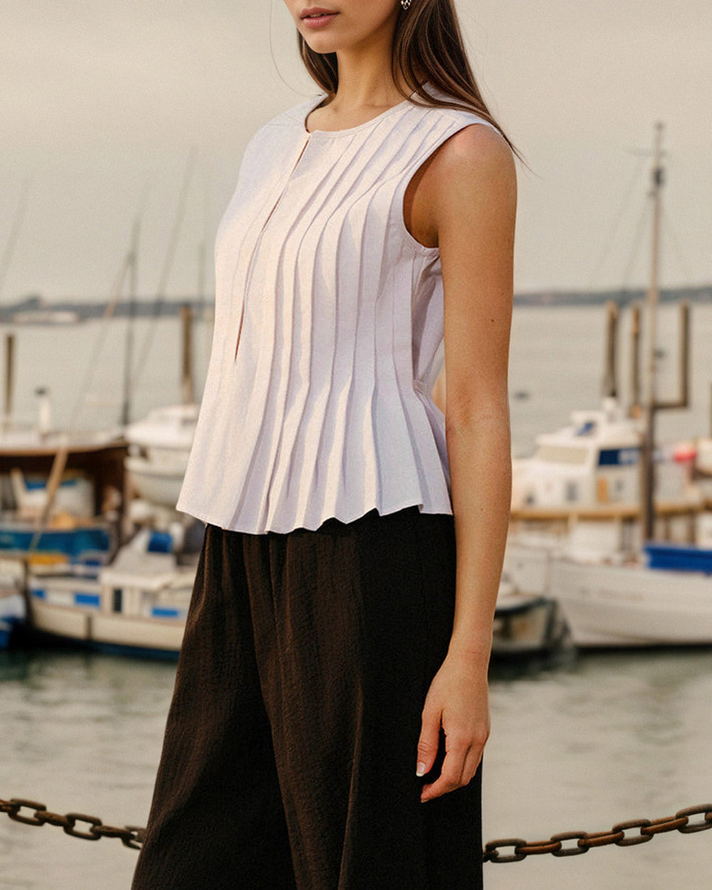 White Round Neck Ruched Tank