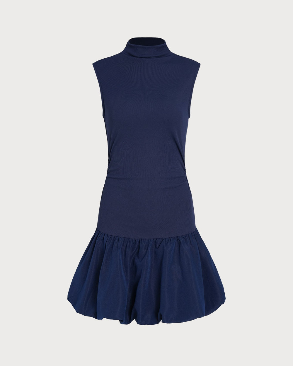 Navy Mock Neck Ruched Mini Dress