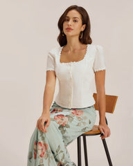 White Square Neck Button Lace Blouse