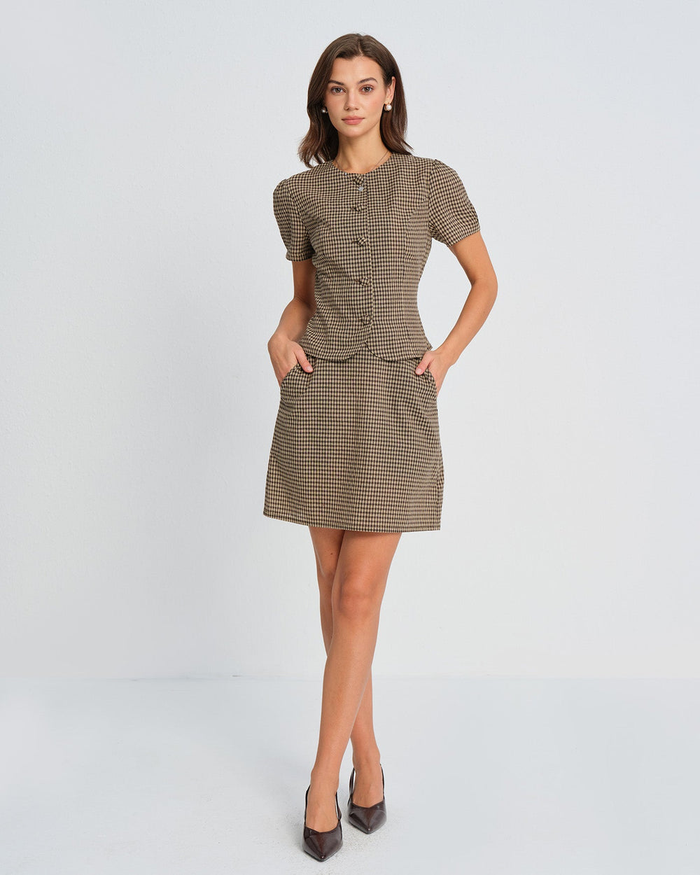 Brown Plaid Puffed Sleeve Blouse