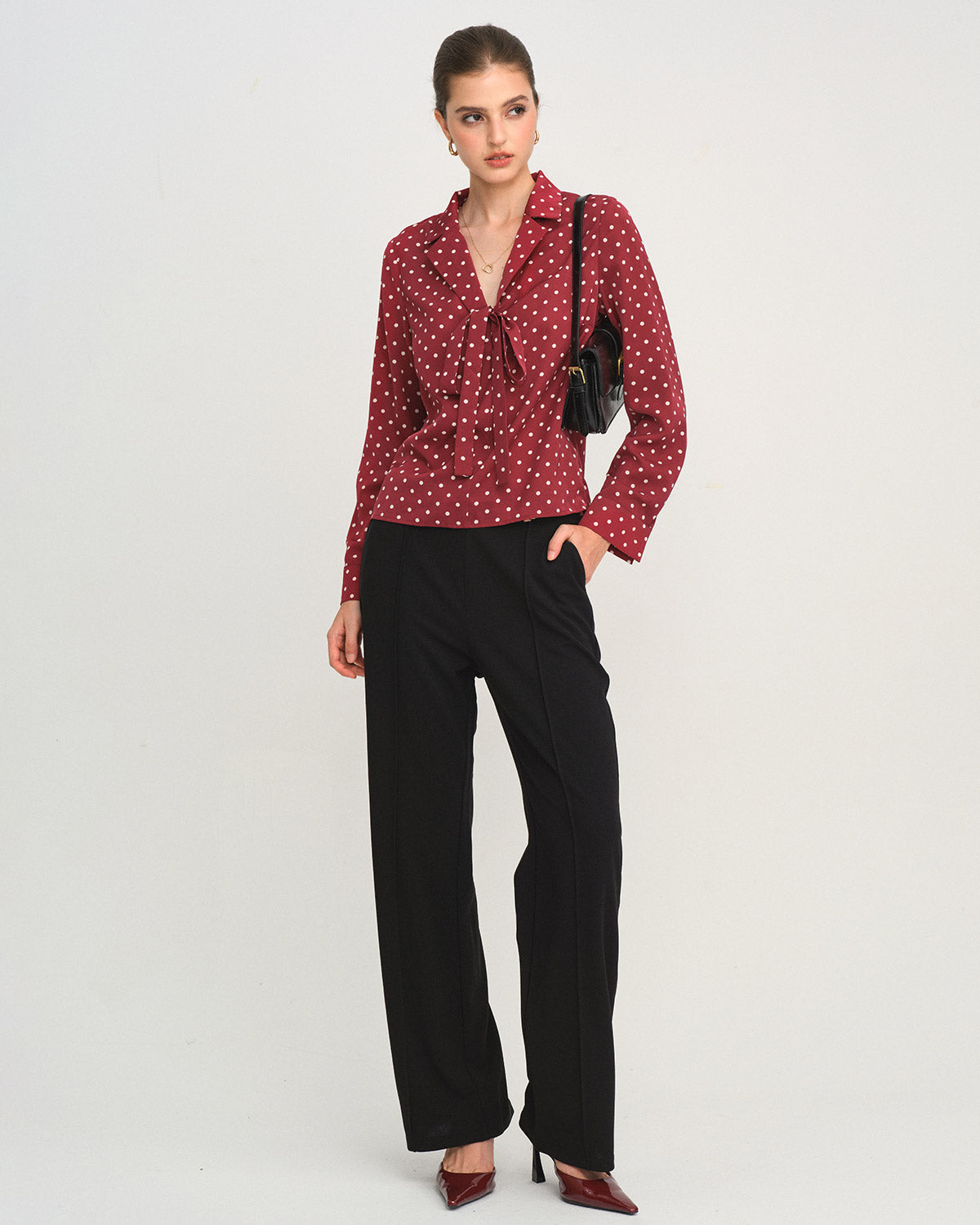 Red Polka Dot Tie Neck Shirt
