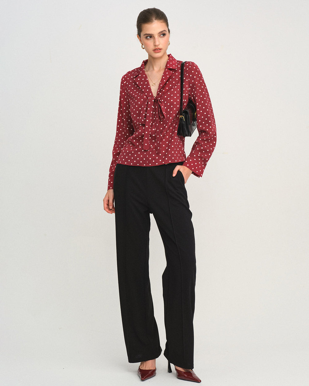 Red Polka Dot Tie Neck Shirt