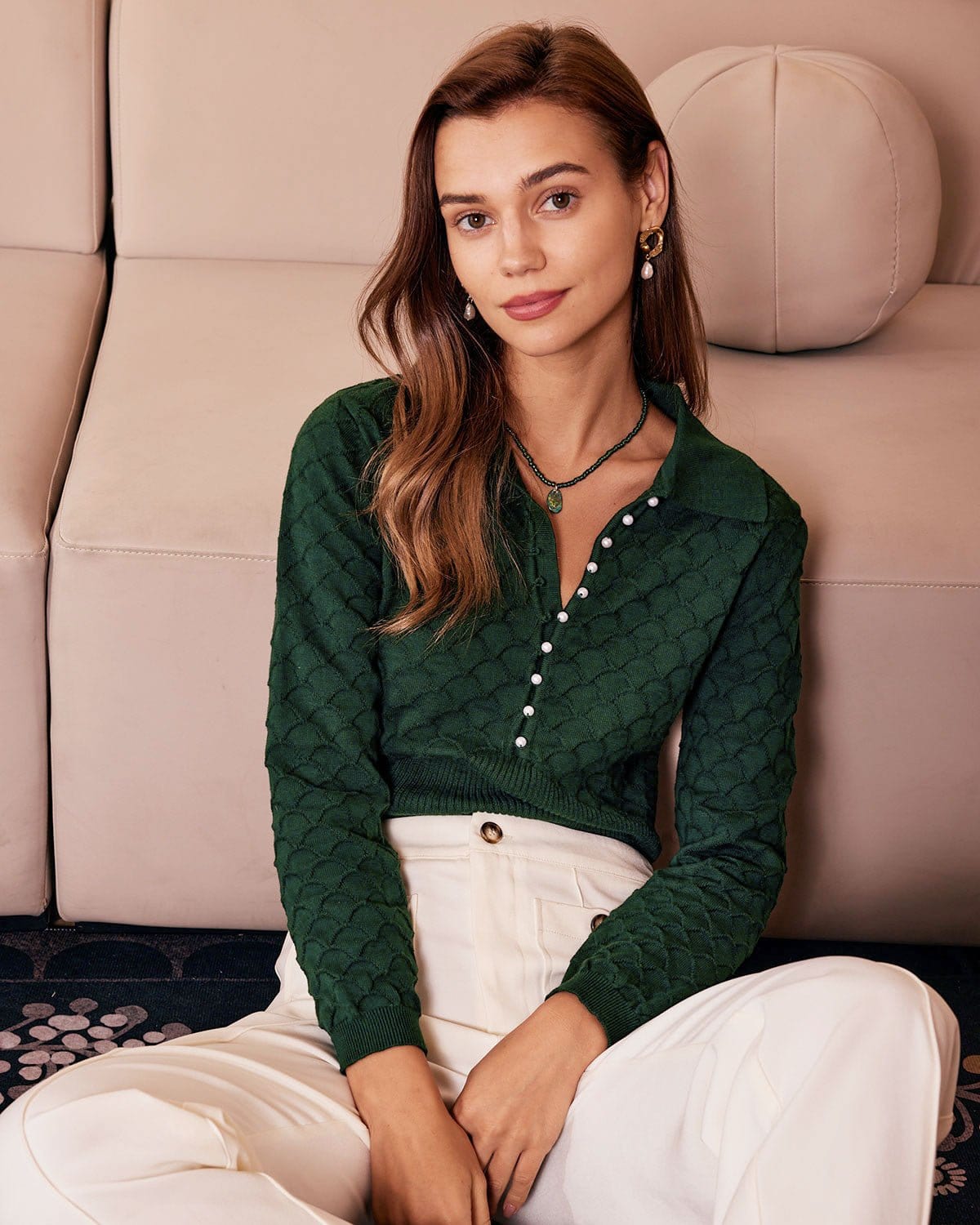 The Green Lapel Ribbed Textured Knit Top