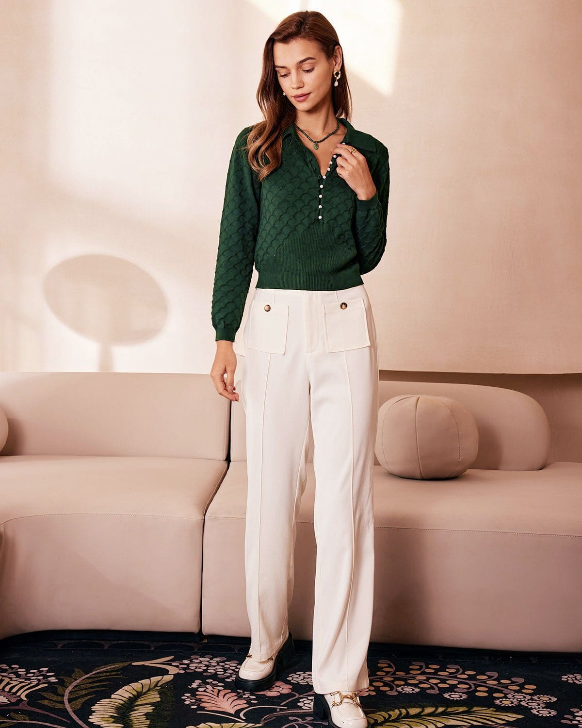 The Green Lapel Ribbed Textured Knit Top