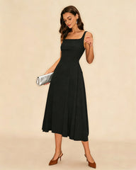 Black Solid Zipper Slip Midi Dress