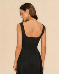 Black Solid Zipper Slip Midi Dress