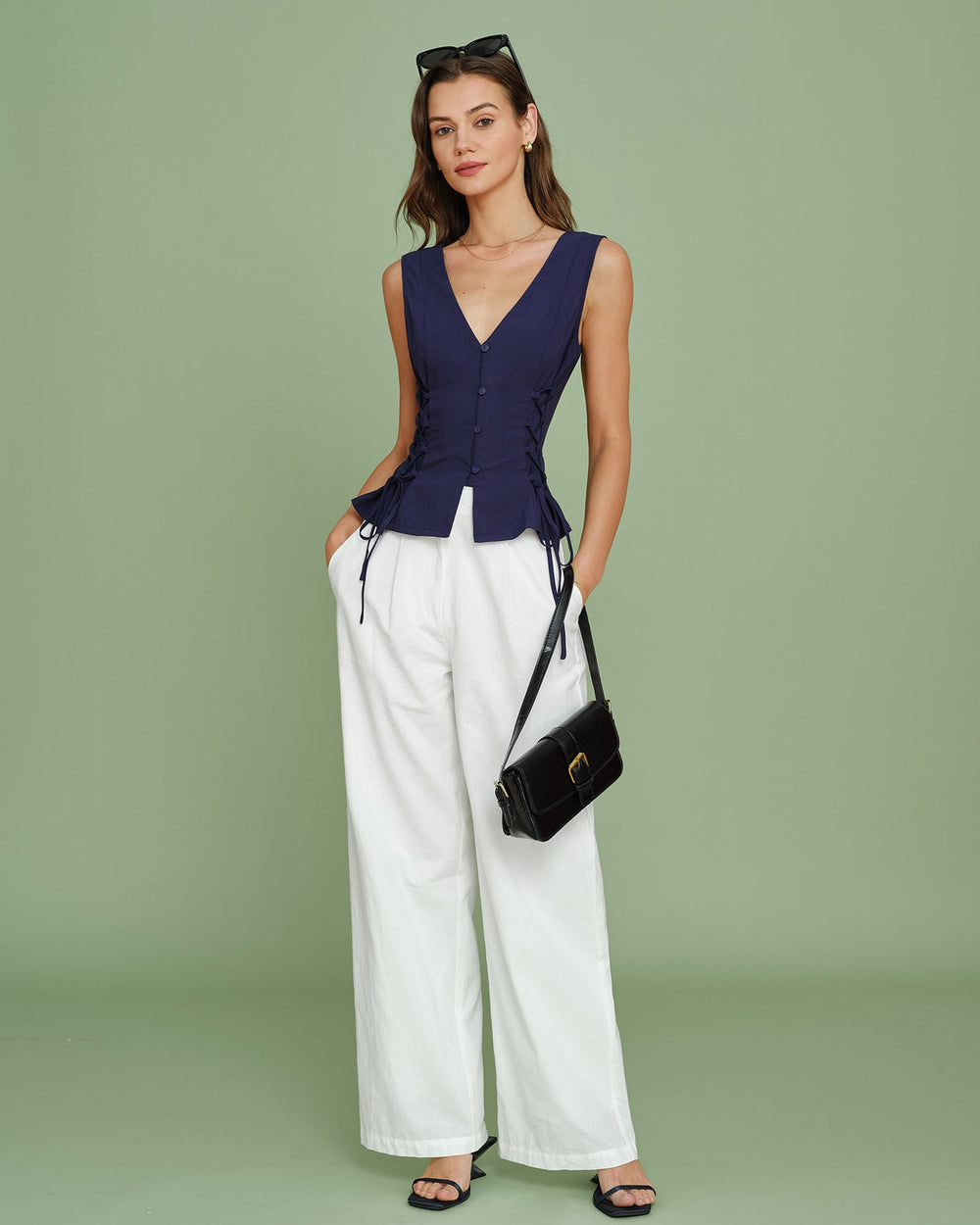 Navy V Neck Single Breasted Tie Vest