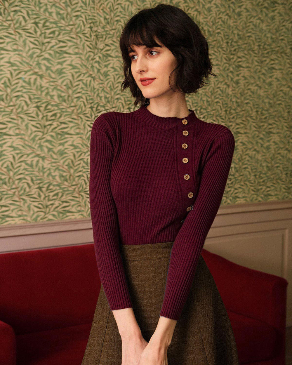 Wine Red Mock Neck Ribbed Knit Tee