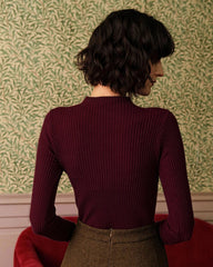 Wine Red Mock Neck Ribbed Knit Tee