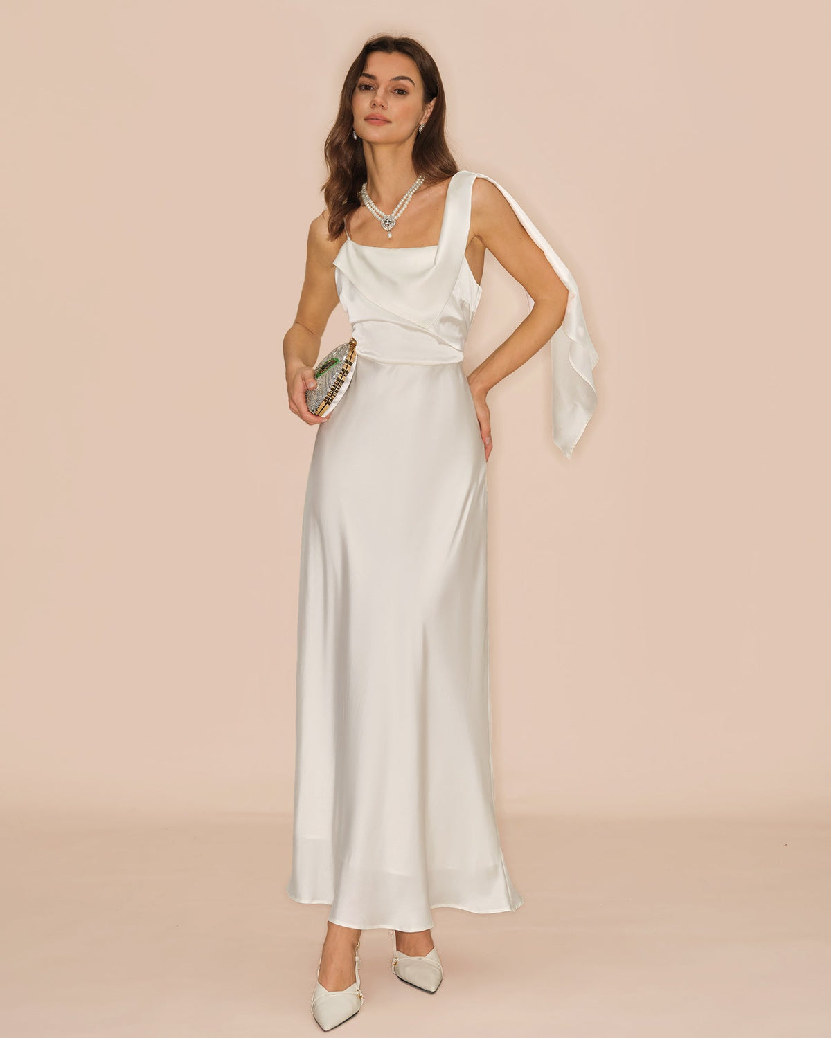 White Square Neck Satin Maxi Dress
