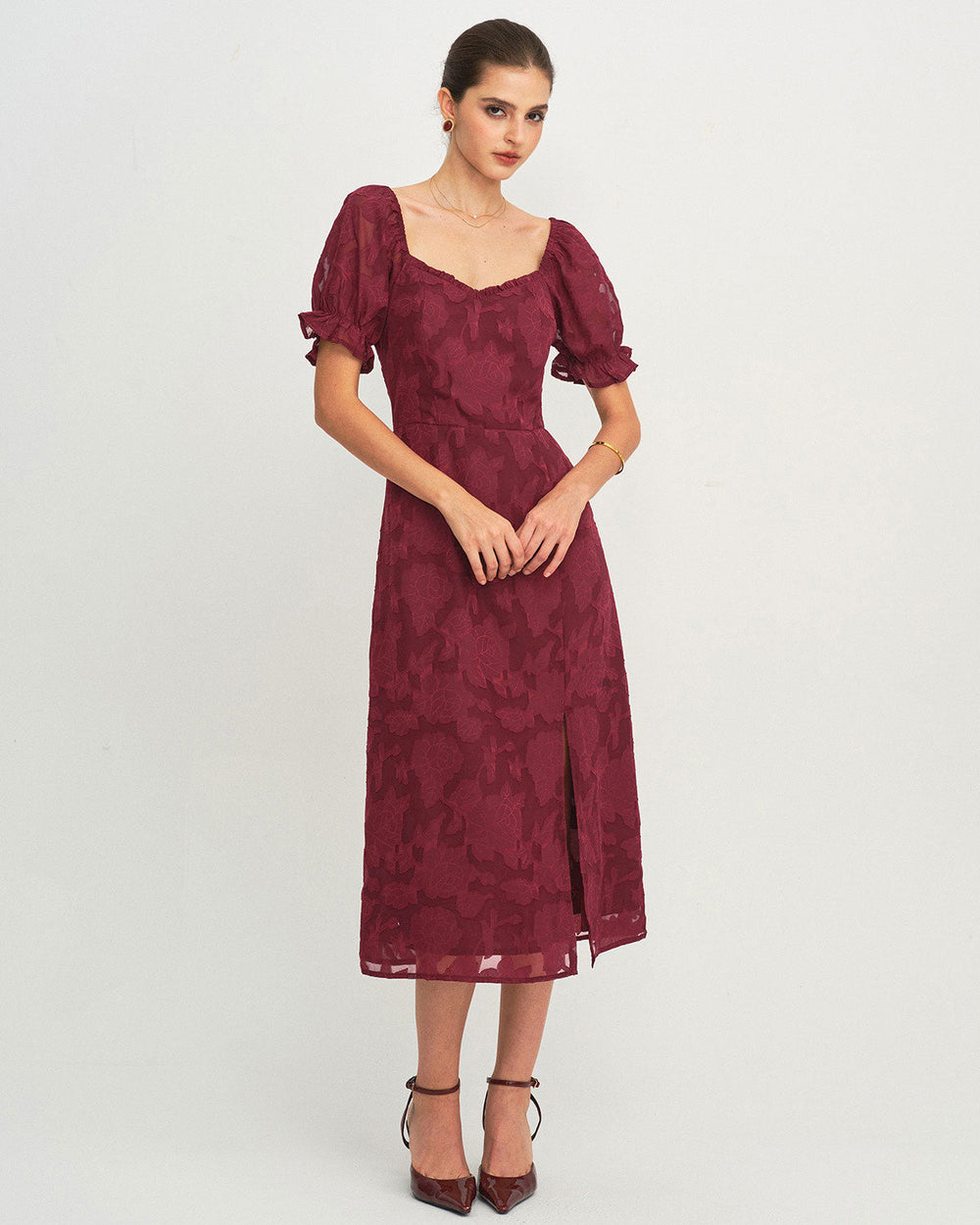 Wine Red Jacquard Slit Midi Dress