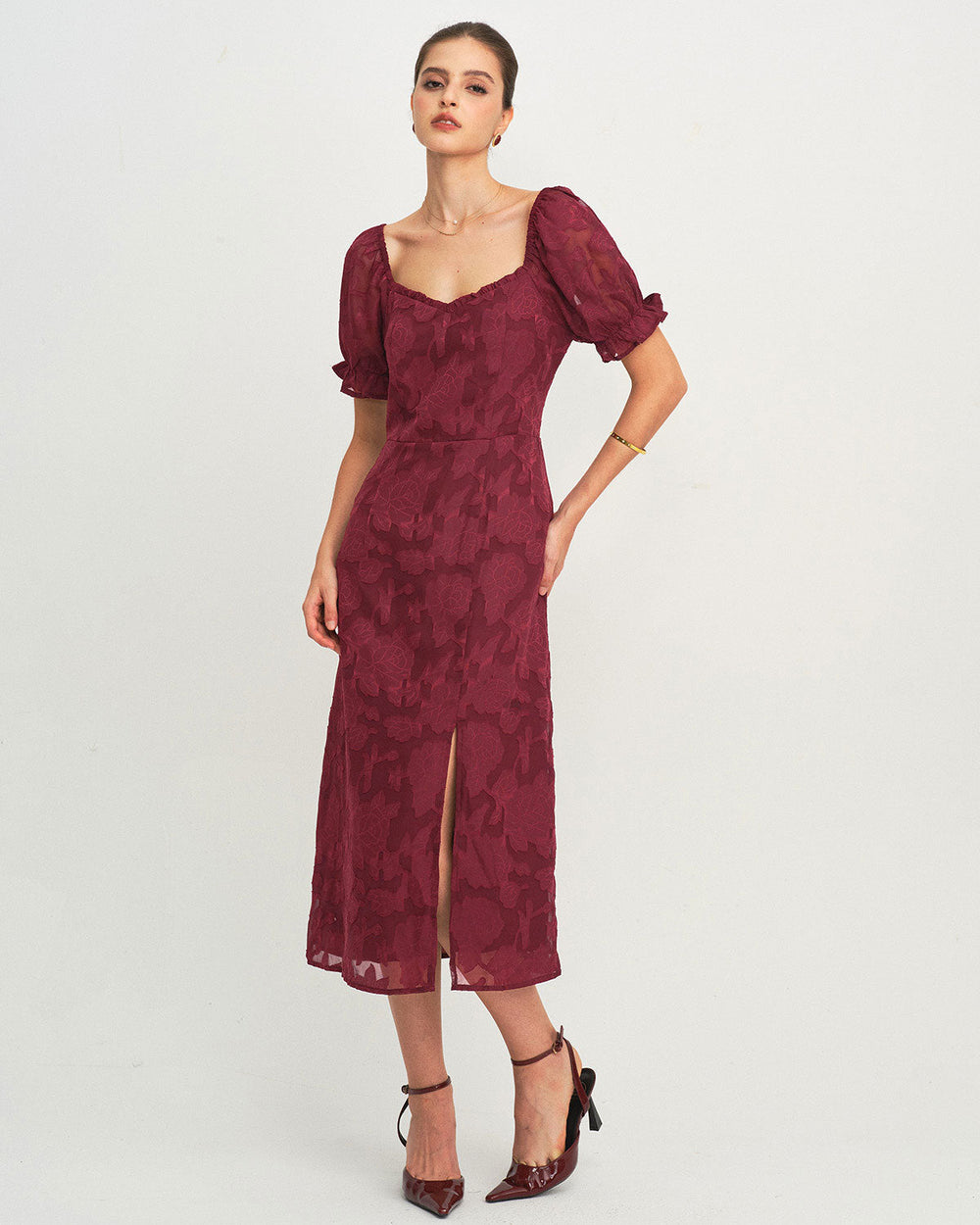 Wine Red Jacquard Slit Midi Dress