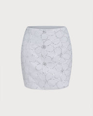 White Floral Sequins Mini Skirt
