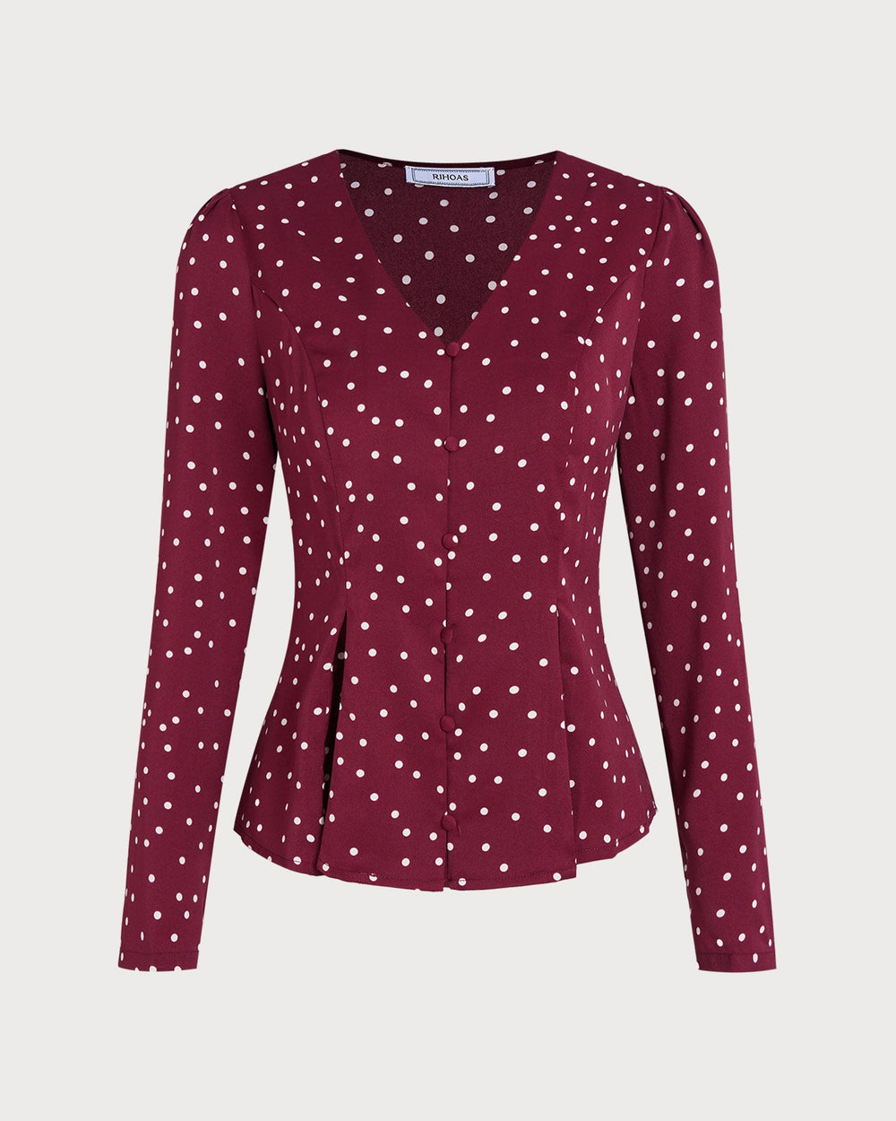Wine Red Polka Dot V Neck Blouse