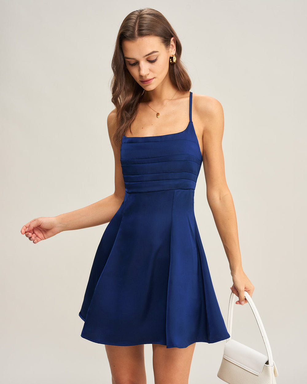 Navy Satin Pleated Slip Mini Dress