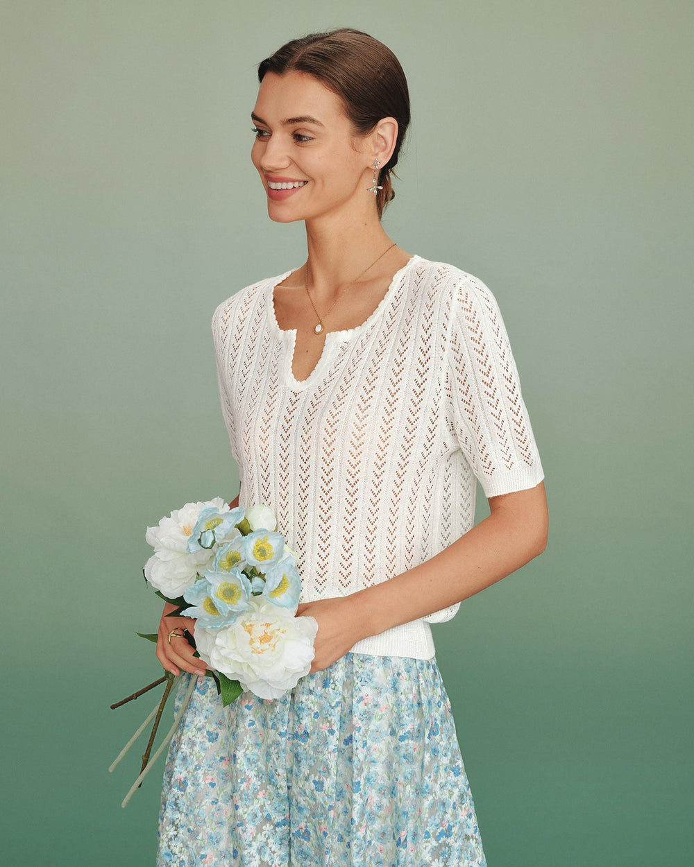 White V Neck Textured Sweater