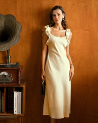 Yellow Square Neck Ruffle Satin Midi Dress