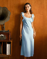 Blue Square Neck Ruffle Satin Midi Dress