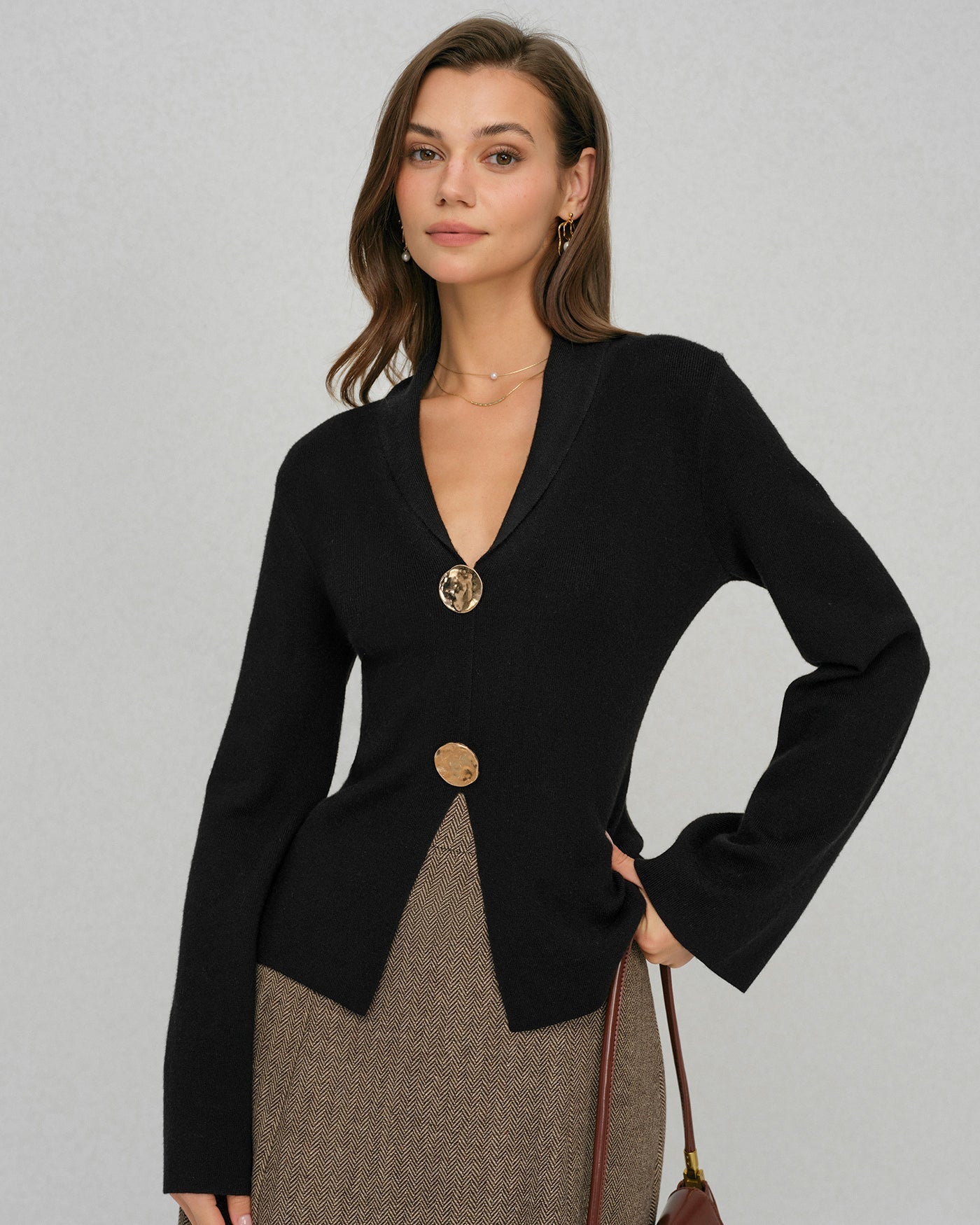 Black Bell Sleeve Button Collar Sweater