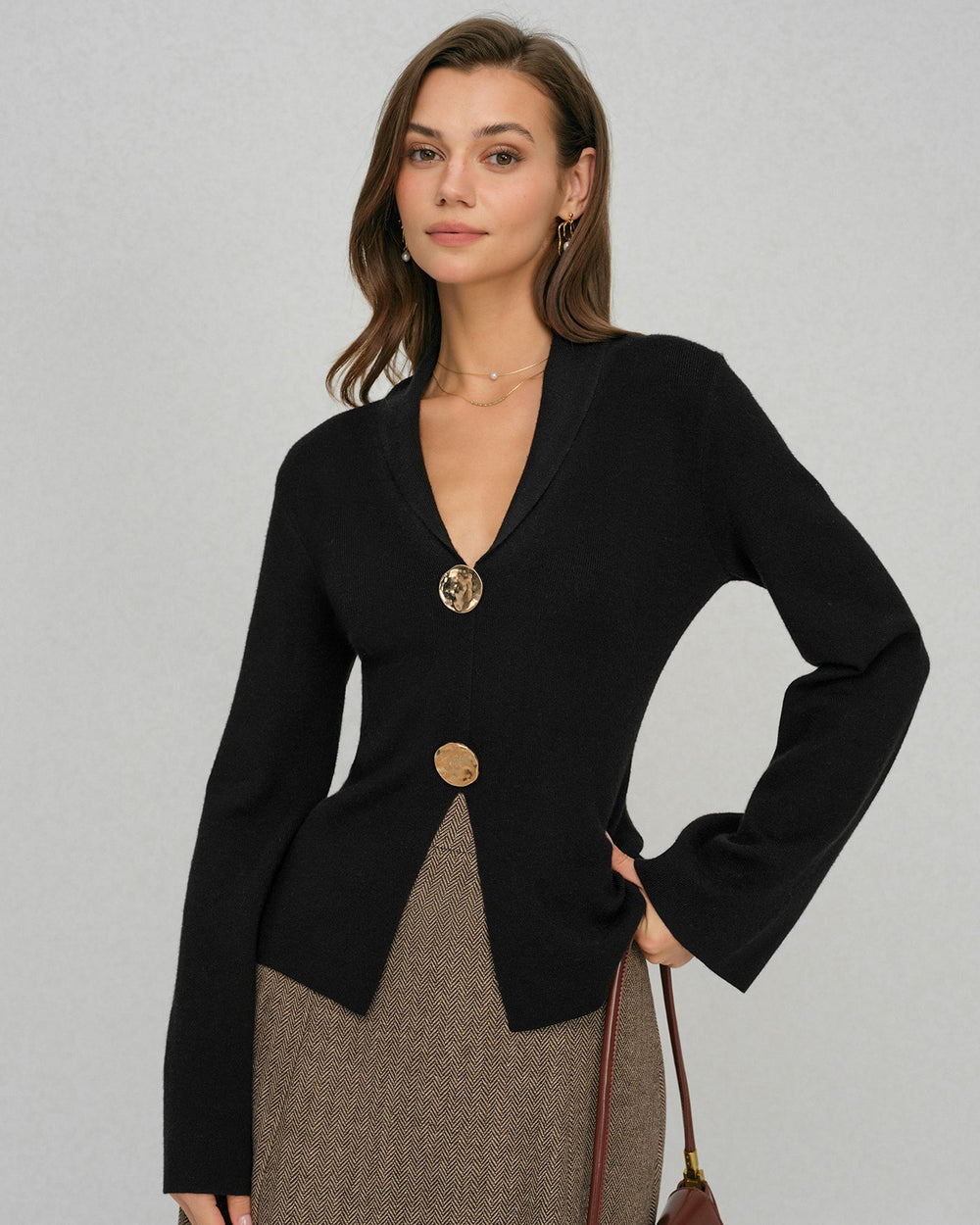 Black Bell Sleeve Button Collar Sweater