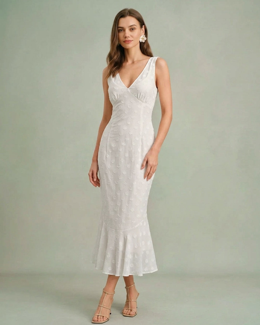 Beige Polka Dot V-Neck Midi Dress