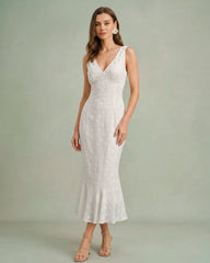 Beige Polka Dot V-Neck Midi Dress