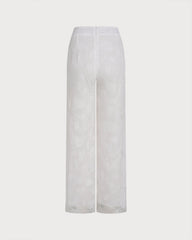 White Floral Textured Elastic Waist Pants