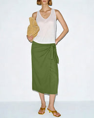 Green Solid Tie Midi Skirt