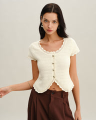 Beige U Neck Textured Cardigan
