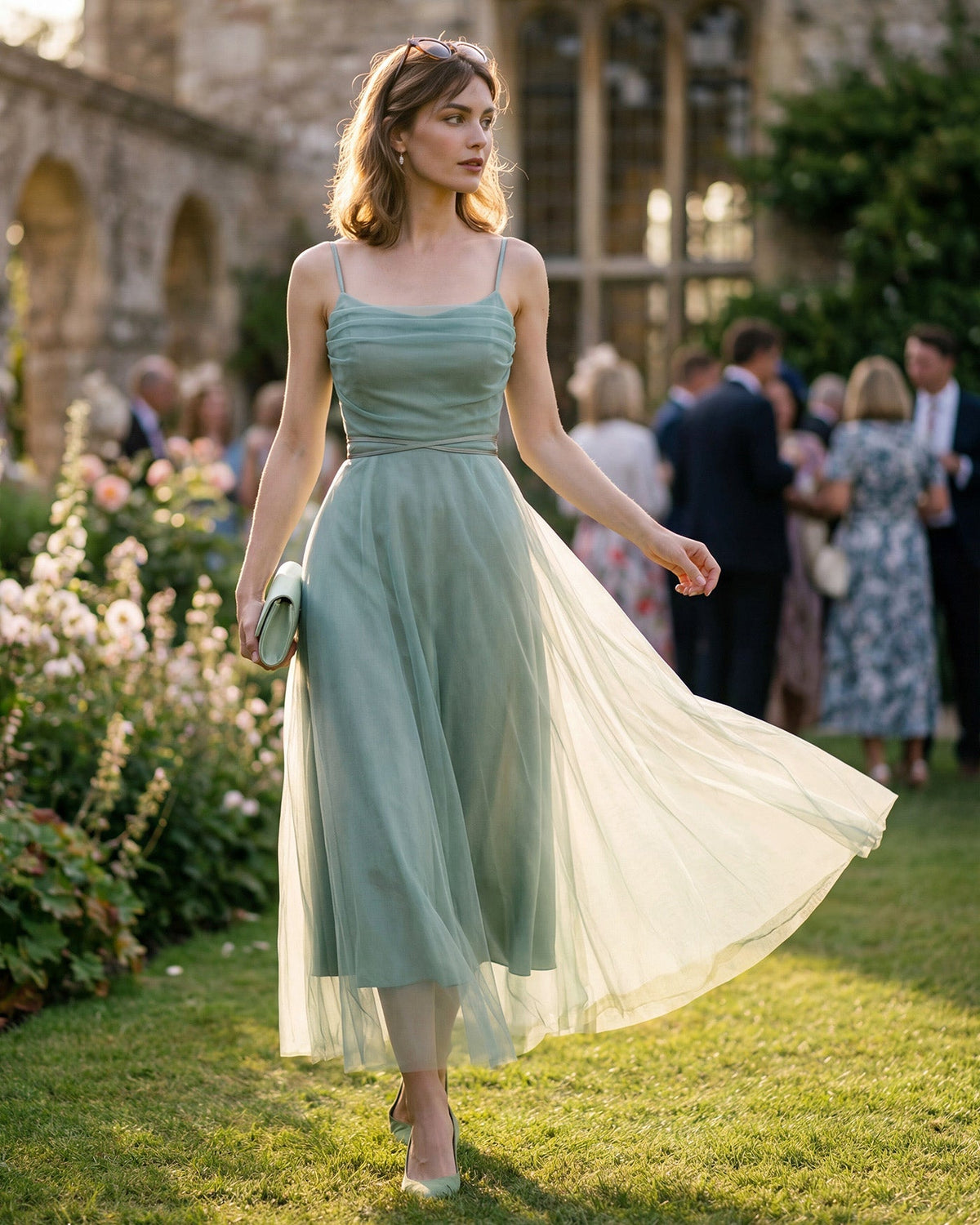 Green Mesh Flowy Slip Midi Dress