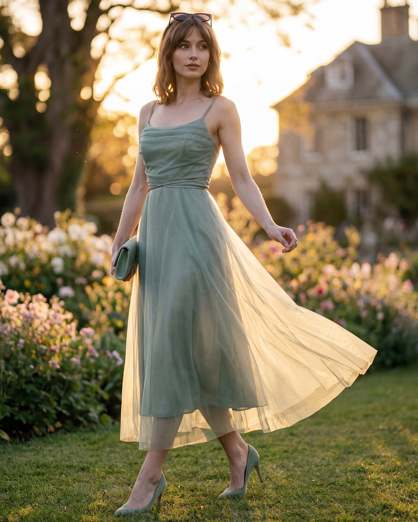 Green Mesh Flowy Slip Midi Dress