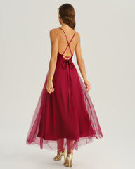 Wine Red Mesh Flowy Slip Midi Dress