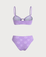 Purple Floral Textured Bandeau Bikini Set