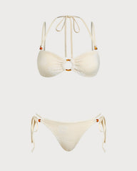 Beige Textured Bandeau Bikini Set