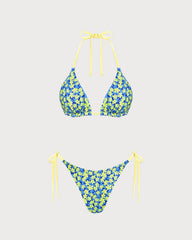 Blue Halter Floral Reversible Bikini Set