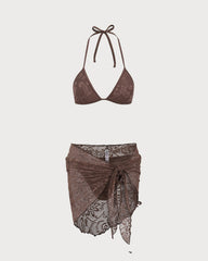 Brown Textured Halter Bikini Suit