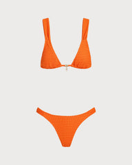 Orange Elastic Waist Textured Bikini Set