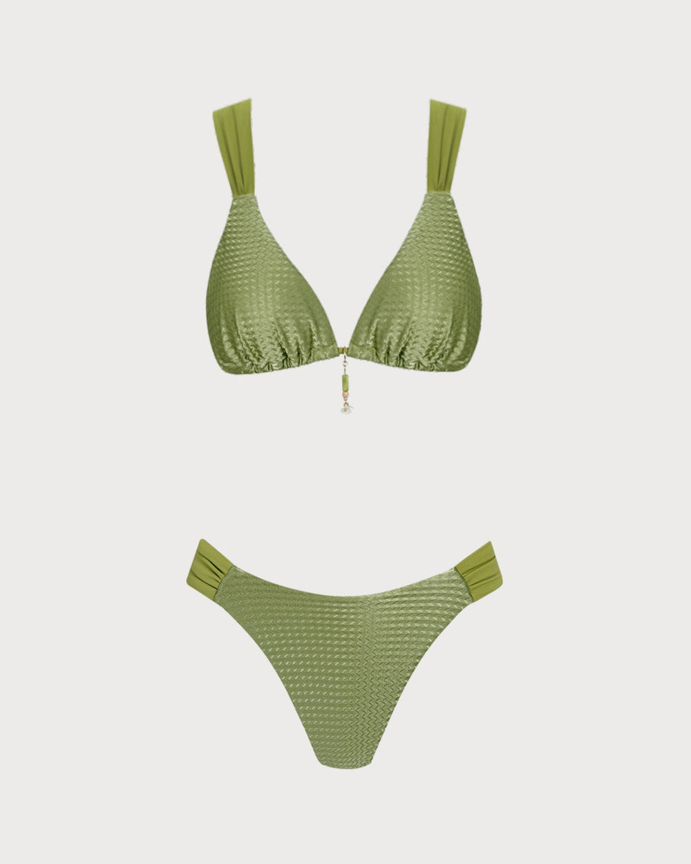 Green V Neck Textured Bikini Set