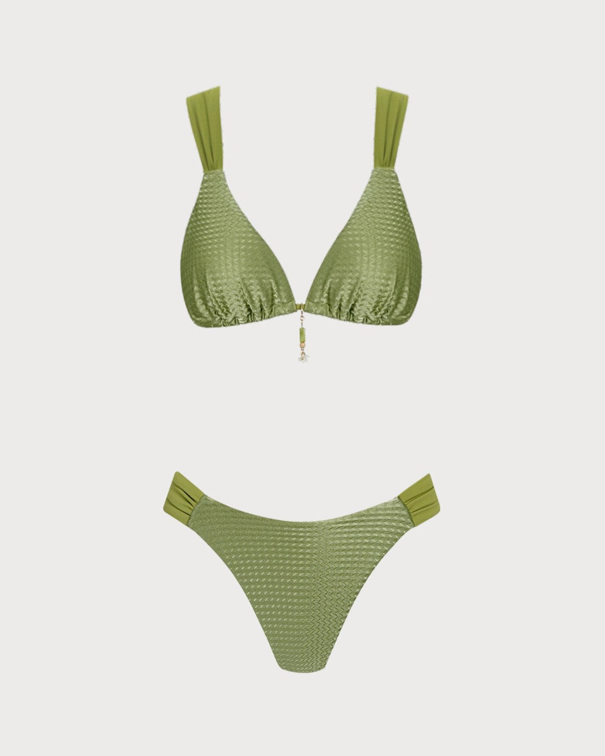 Green V Neck Textured Bikini Set