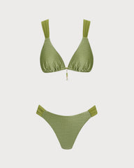 Green V Neck Textured Bikini Set